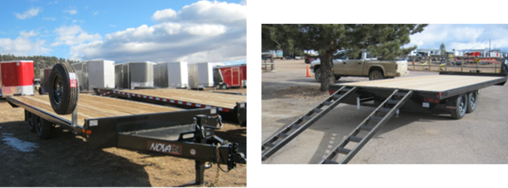 20ft Midsota flatbed trailer collage images inside Hitchin Post Trailer and Tractor parking lot.