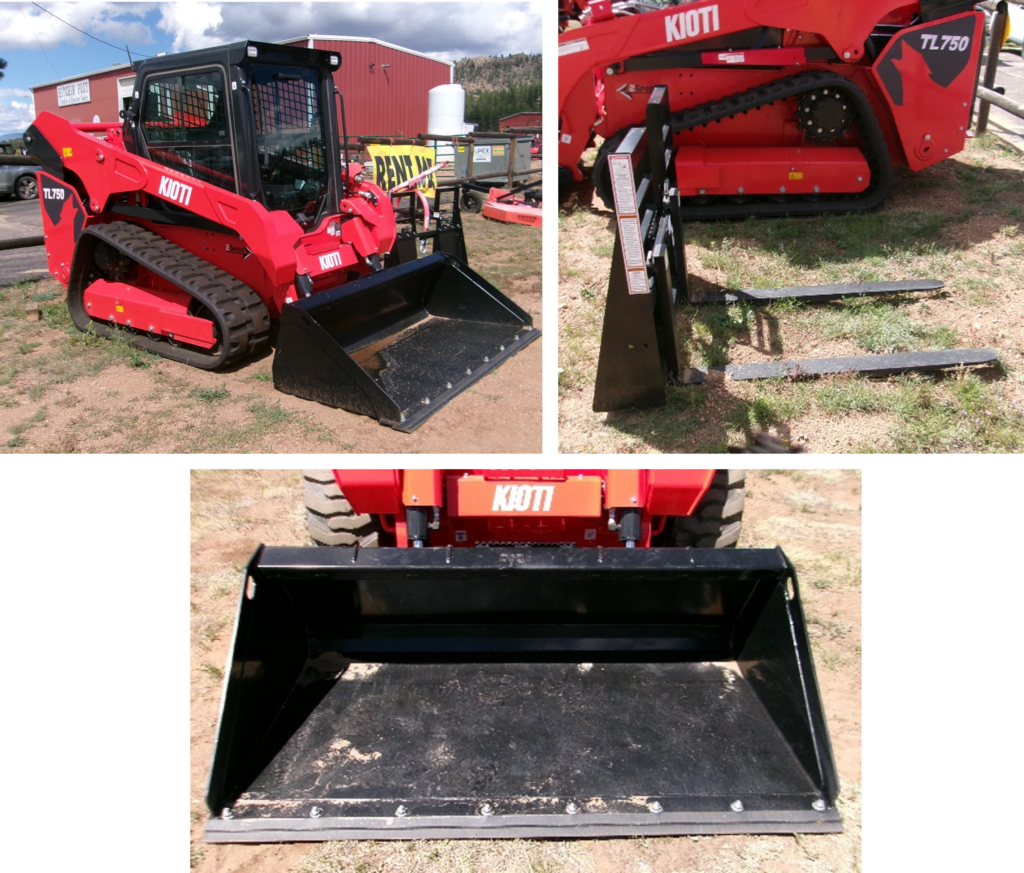 KIOTI TL750 Trac Loader with Bucket or Pallet Forks on dirt lot with building in the background